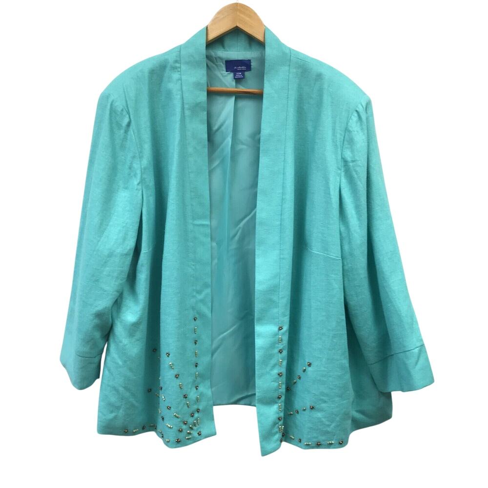 JH Collectibles Jacket Womens 22 W Blue Beaded Open Front Lined Linen